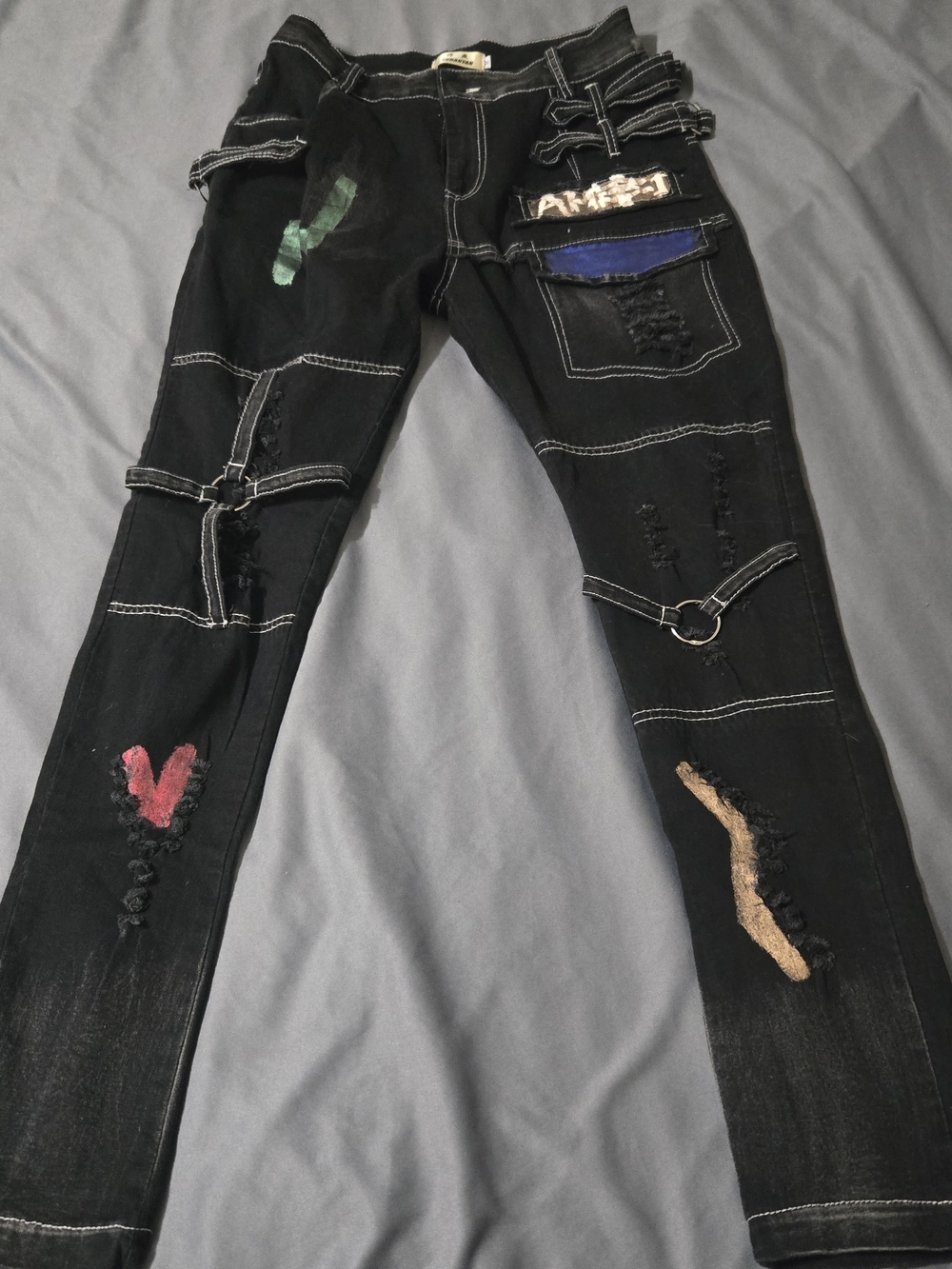 Tripp Style Pants Black Goth Punk Size Medium Bondage Straps Street Wear Painted
